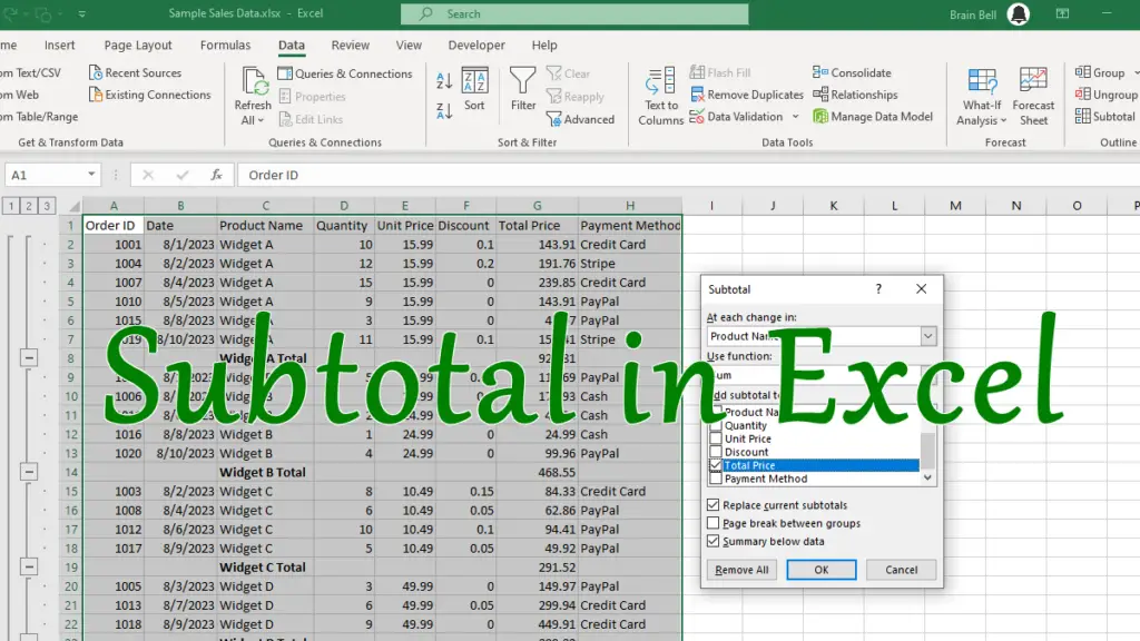 Insert Subtotals For a Range of Data in Excel – BrainBell