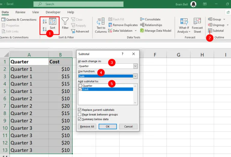 Insert subtotals for a range of data in excel brainbell